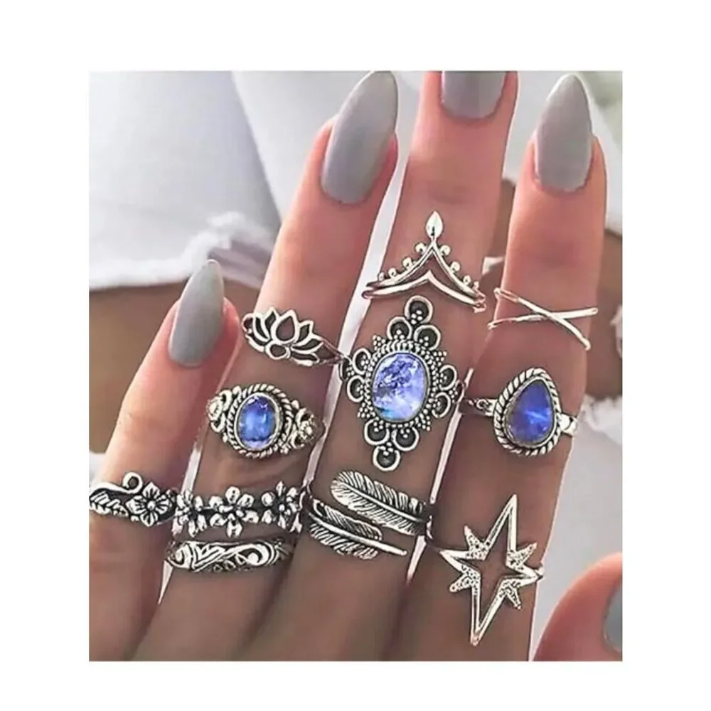 NWT Boho Vintage Silver Tone Stackable Midi Knuckle Ring Set Blue Stone 11Pc
